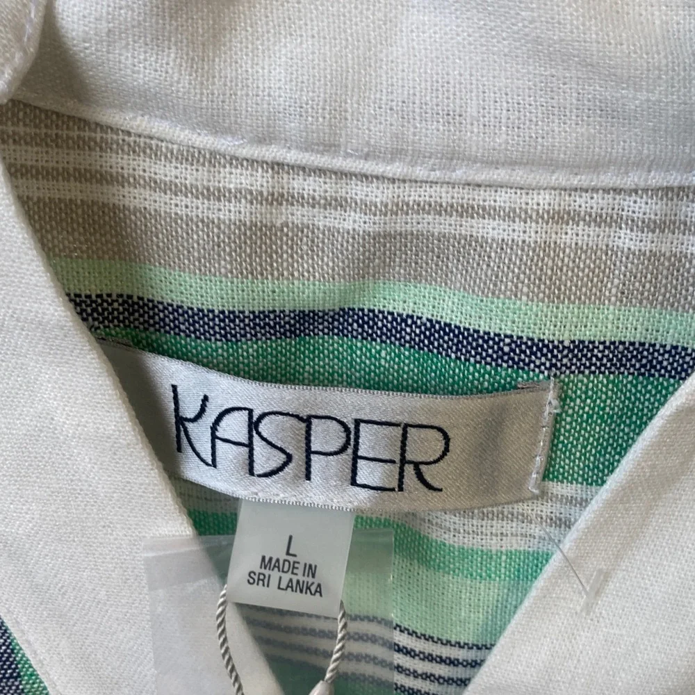 Kasper top print stripes pattern blouse linen blend career business casual L - Picture 13 of 17